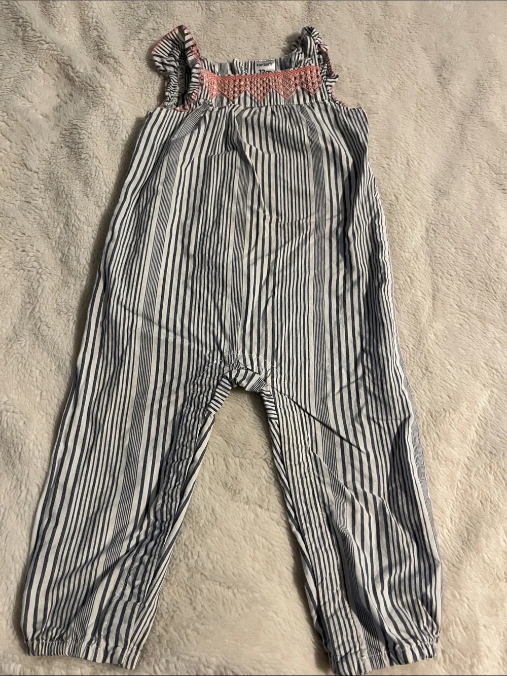 Carter's Navy and White Striped Romper with Pink Smocking